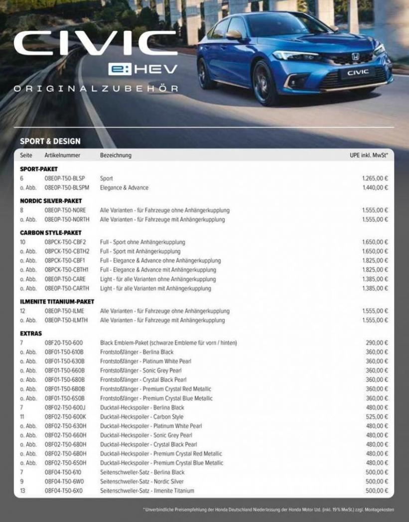Honda CIVIC ZUBEHÖR-PREISLISTE. Honda (2025-04-09-2025-04-09)